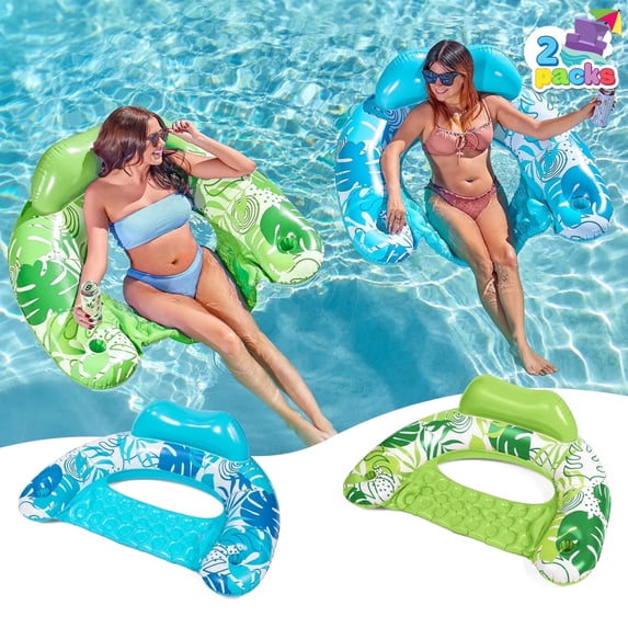 Joyfy 2 Packs Pool Floats for Adult,Inflatable Pool Chair Float with 2 Cup Holder, Pool Loungers for Pool Lake Travel Beach