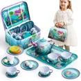 thumbnail image 1 of Joyfy Mermaid Tea Party Set for Girls, Pretend Tin Teapot Set with Teapot, Cups, Plates, Carrying Case, Princess Tea Time Play Kitchen for Christmas Birthday Gift, 1 of 8