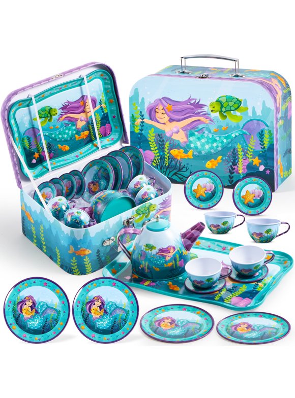 SYNCFUN Kid Tea Set, Mermaid Tea Party Set for Girls, Princess Pretend Play Tin Teapot Set Kitchen Toy for Girls Toddlers 2 3 4 5 6 Years Old