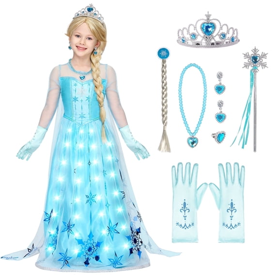 Joyfy Light-Up Ice Princess Dress for Girls, Long Cape Princess Costume Set, Sequin Snow Dress with LED for Kids Toddler Birthday, Cosplay, Halloween Party 5-7 Years
