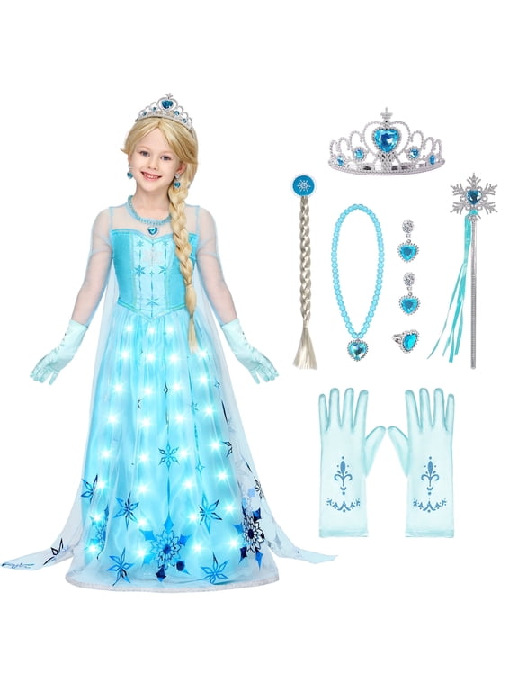 Light-Up Ice Princess Dress for Girls, Long Cape Princess Costume Set, Sequin Snow Dress with LED for Kids Toddler Birthday, Cosplay, Halloween Party 5-7 Years