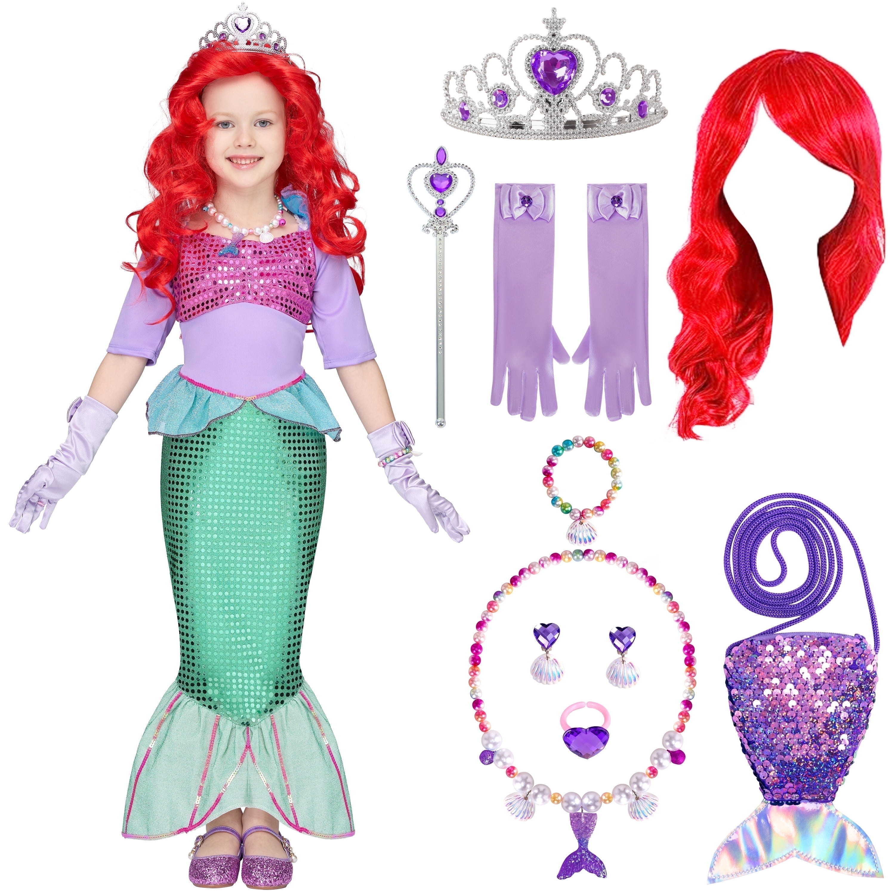 SYNCFUN Little Mermaid Costume for Girls, Cute Mermaid Costume Set with Red Wig for Kids Halloween Themed Party Role Playing Cosplay 3-7 Years