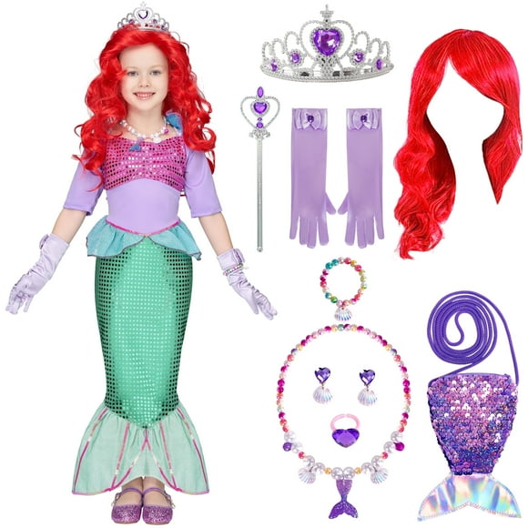 SYNCFUN Little Mermaid Costume for Girls, Cute Mermaid Costume Set with Red Wig for Kids Halloween Themed Party Role Playing Cosplay 3-7 Years