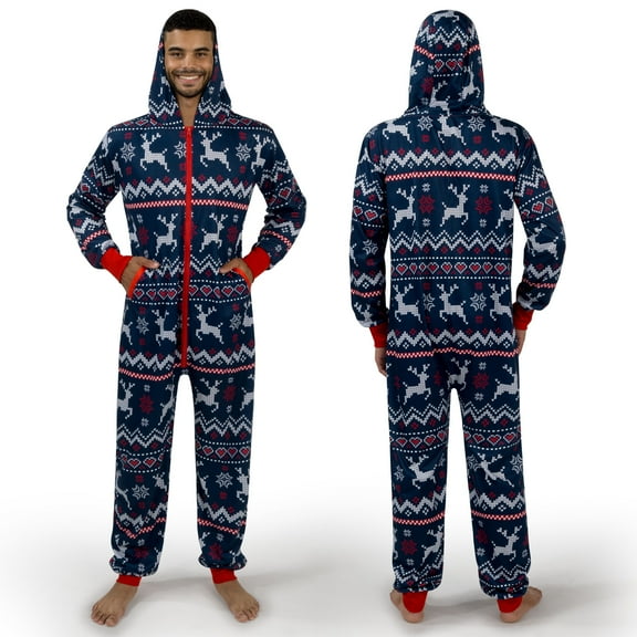 SYNCFUN Men's Christmas One-Piece Pajamas, Adult Fleece Plaid Hooded Full Zip One-Piece Pajamas Women, Women's Holiday Pajamas
