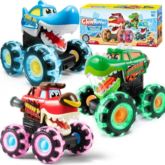 Joyfy 3 Pack Monster Truck Toy - Motion Activated Light-Up Cars for Toddlers - Monster Treads Lightning Wheels - Baby Toy Present - Press & Go Cars for Boys Girls Birthday Gifts Easter Basket Stuffer