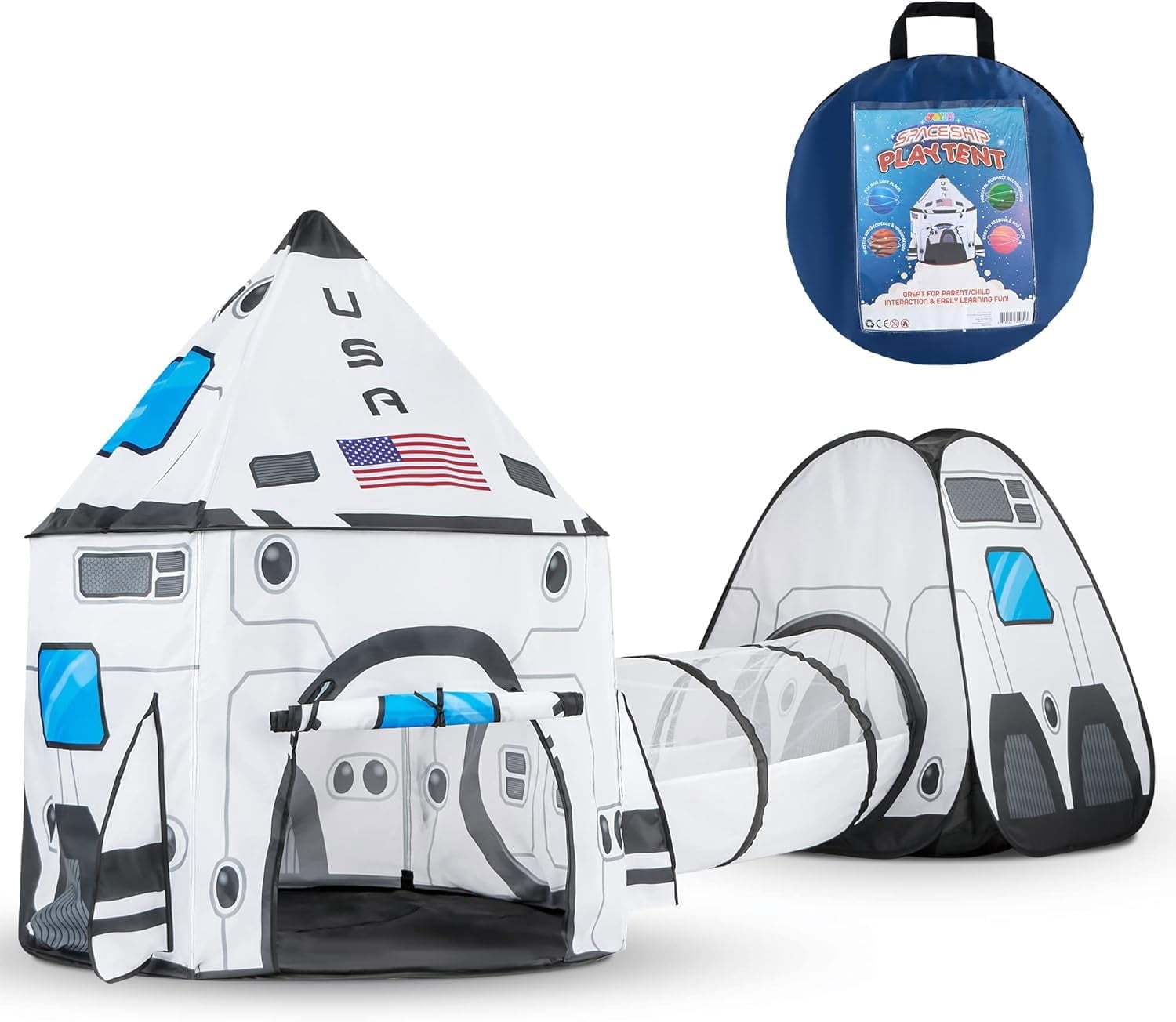 Joyfy Rocket Ship Play Tents Set for Child, Pop up Play house with Tunnel, 3-Piece Play Tent for Kids Pretend Play,Birthday Gift
