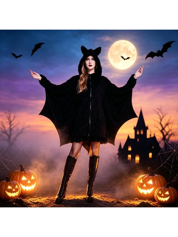 Women‘s Black Bat Costume with Attached Ears for Halloween Party Cosplay and Themed Dress Up