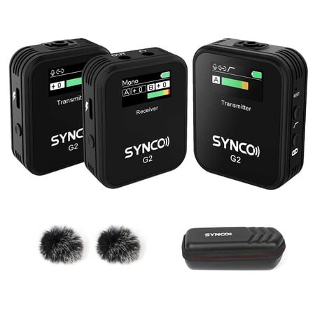 SYNCO G2(A2) 1-Trigger-2 2.4G Wireless Microphone System with 1 Receiver + 2 Transmitters + 2 Lavalier Microphones 150M Transmission TFT Screen 3.5mm Plug for Smartphone Camera Camcorder Vl