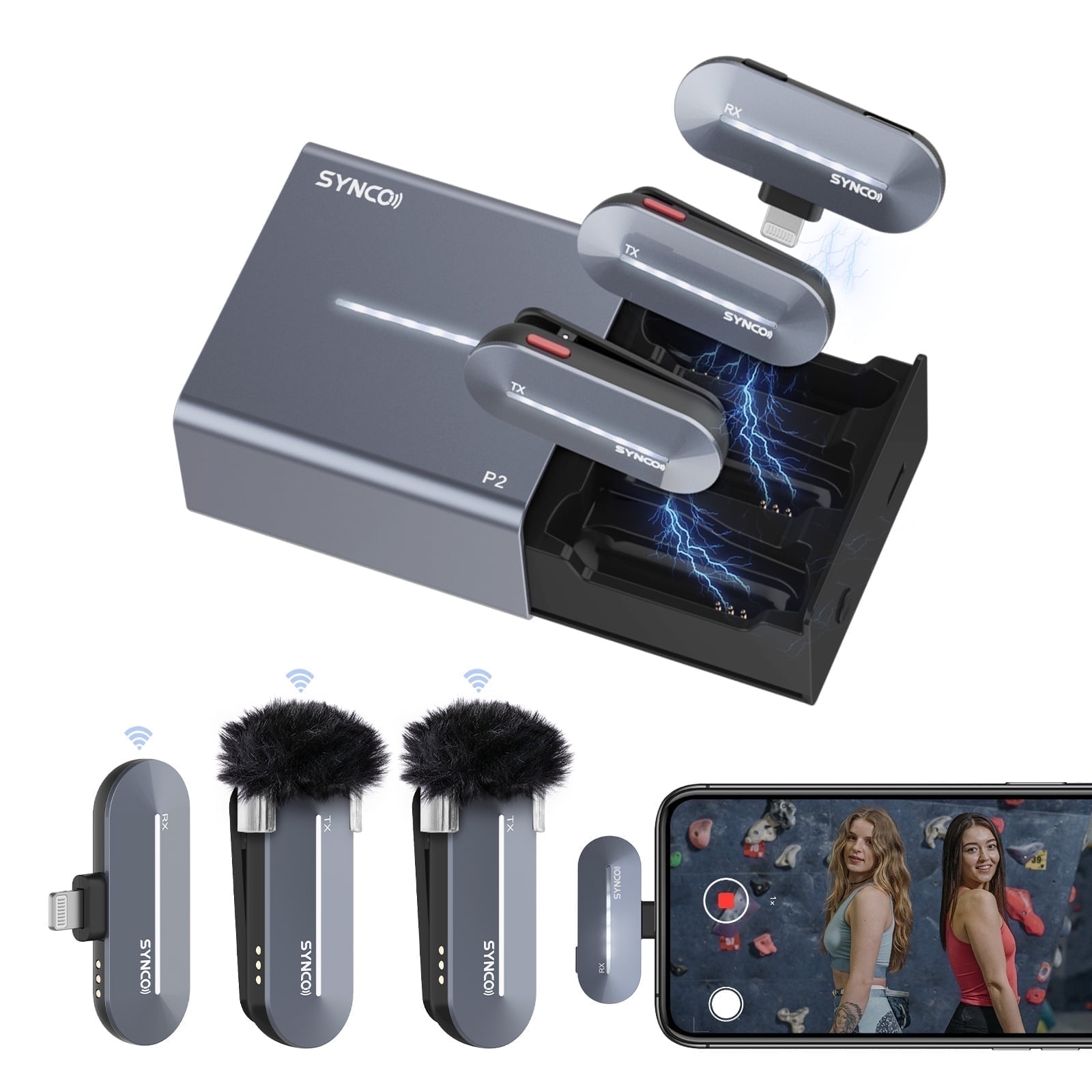 SYNCO P2SL Wireless Lavalier Microphone for iPhone, Dual Mic Noise Reduction, Charging Case, Plug Play, 2.4GHz, 45mins Shooting Time