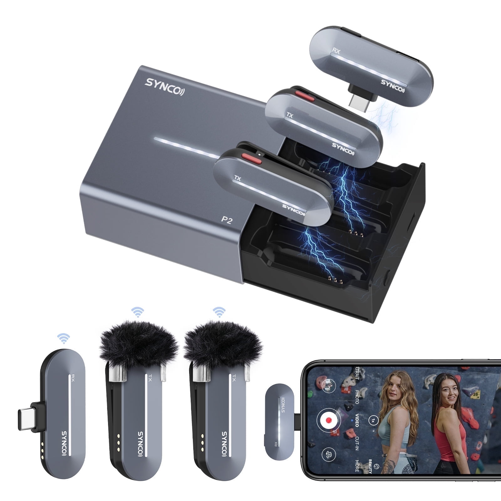 SYNCO  P2ST 2 Mics Wireless Lavalier Microphone, USB-C Wireless Microphones With Charging Case for  iPhone 15, Andriod Phone,Professional Lapel Mics for Tiktok, YouTube, Streaming