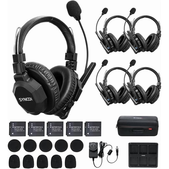 SYNCO XTalk XMax5 Wireless Intercom Headset System with Dual-Ear Design Telephone Headsets System Random Master Device,2.4GHz Full Duplex 500 m/1640 ft for 5-Person Team Communication