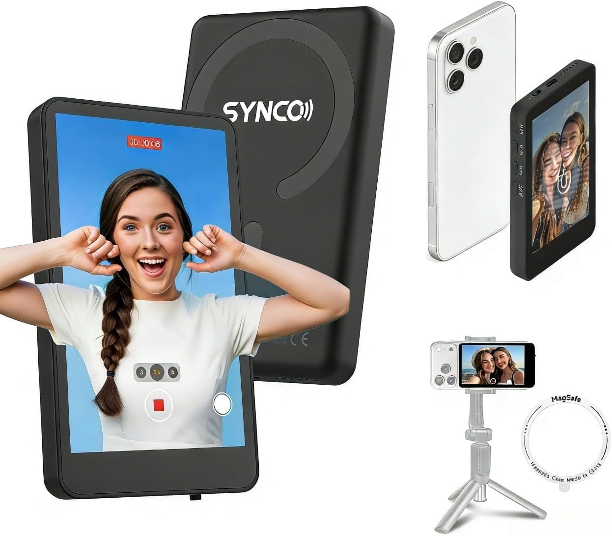 SYNCO XView 4K/1080p Vlog Selfie Monitor Screen Wireless Magnetic Back Camera for iPhone Android Phone, Black