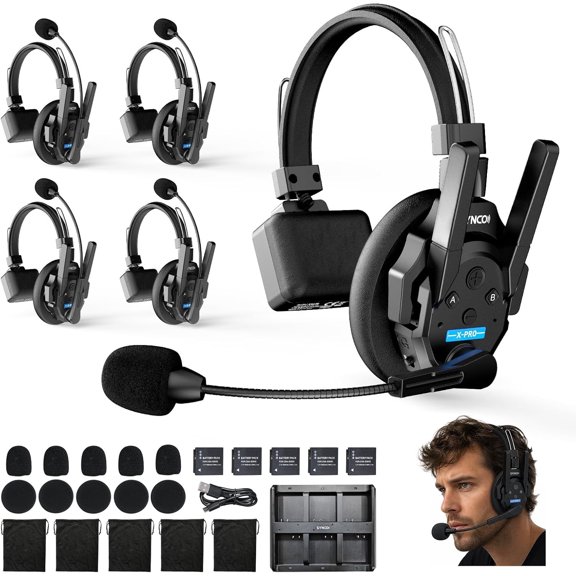 SYNCO Xtalk XPRO Wireless Intercom Headset System 500m/1640ft Communication Range Noise Reduction Headset for 5 Person Program Production Live Streaming Black
