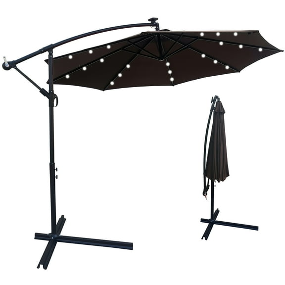 SYNGAR 10ft Solar Outdoor Umbrella, LED Lighted Patio Umbrella with Solar Panel, 24 LED Bulbs & Crank Rotate System, Solar Powered Hanging Umbrella for Patio, Garden, Yard, Poolside, Chocolate, D115