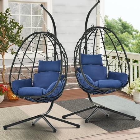 SYNGAR 2 Piece Hanging Egg Chairs, Swing Chair with Steel Hammock Stand Set, Hammock Chair with Soft Seat Cushion, Multifunctional Hanging Chairs for Outdoor Indoor Bedroom, Navy Blue