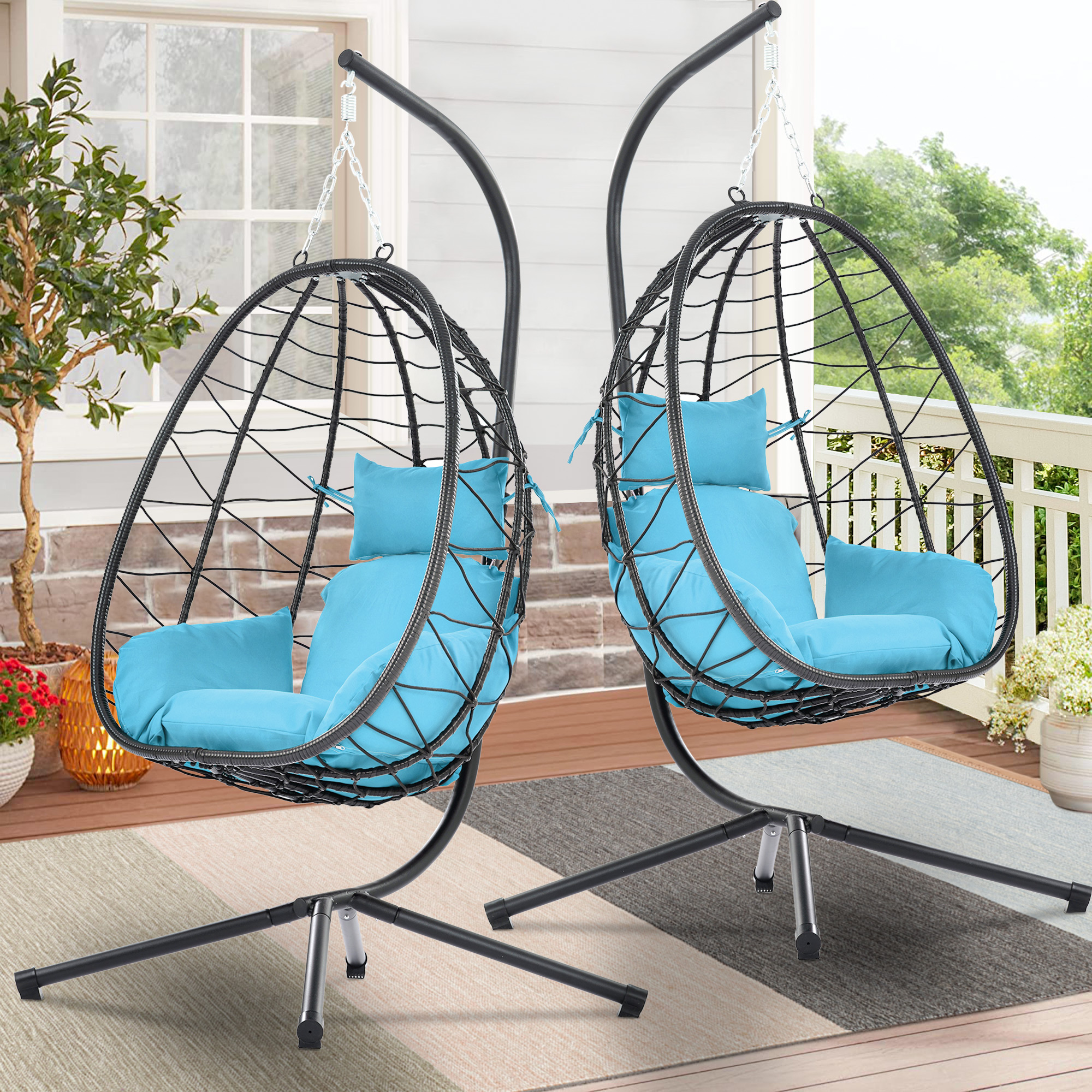 SYNGAR 2 Piece Hanging Egg Chairs Swing Chair with Steel Hammock Stand Set Hammock Chair with Soft Seat Cushion Multifunctional Hanging Chairs for Outdoor Indoor Bedroom Light Blue Walmart