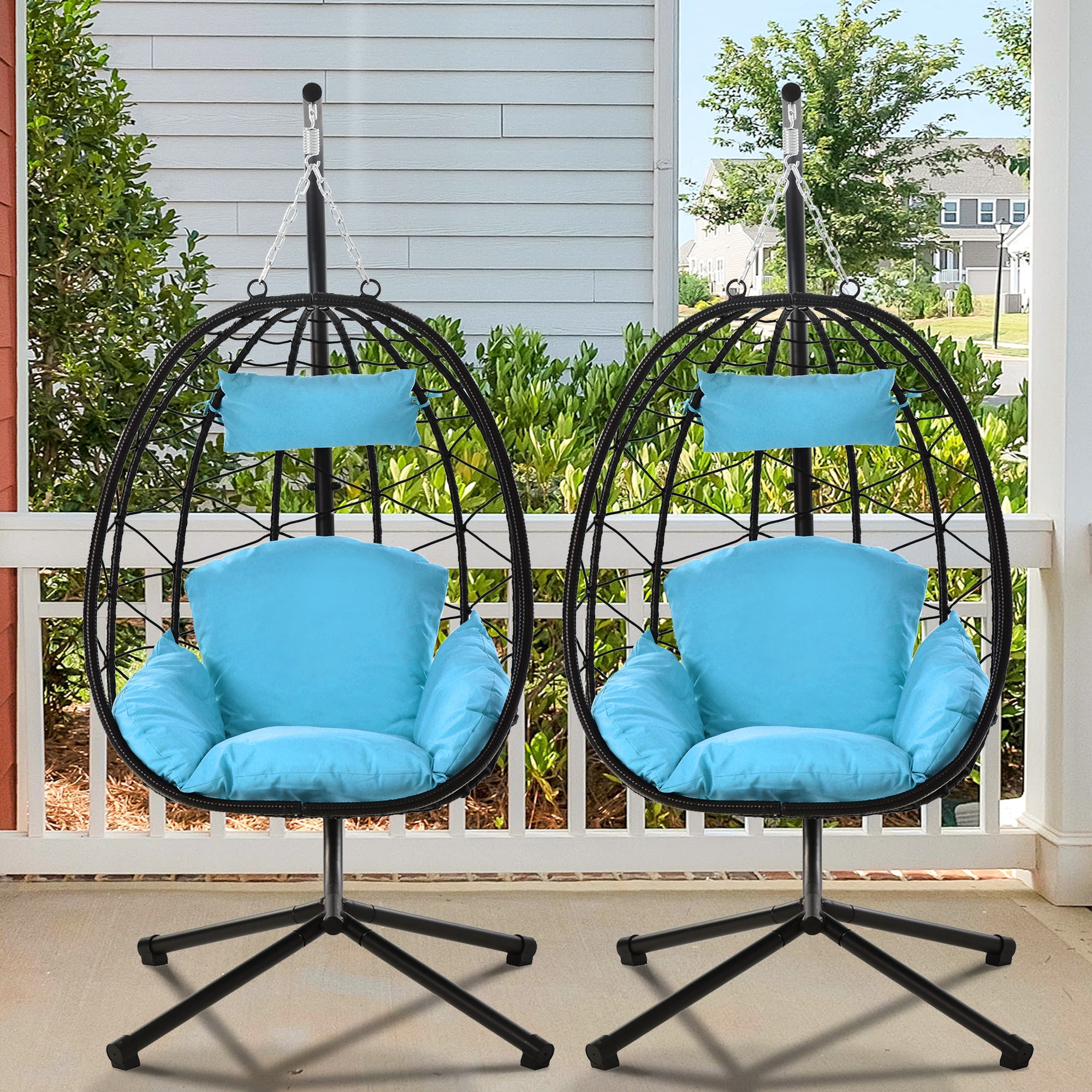 SYNGAR 2 Piece Indoor Outdoor Patio Wicker Hanging Chairs Swing Hammock Egg Chairs Waterproof Cushions with Steel Frame 300lbs Capacity for Patio Balcony Bedroom Living Room Light Blue Walmart