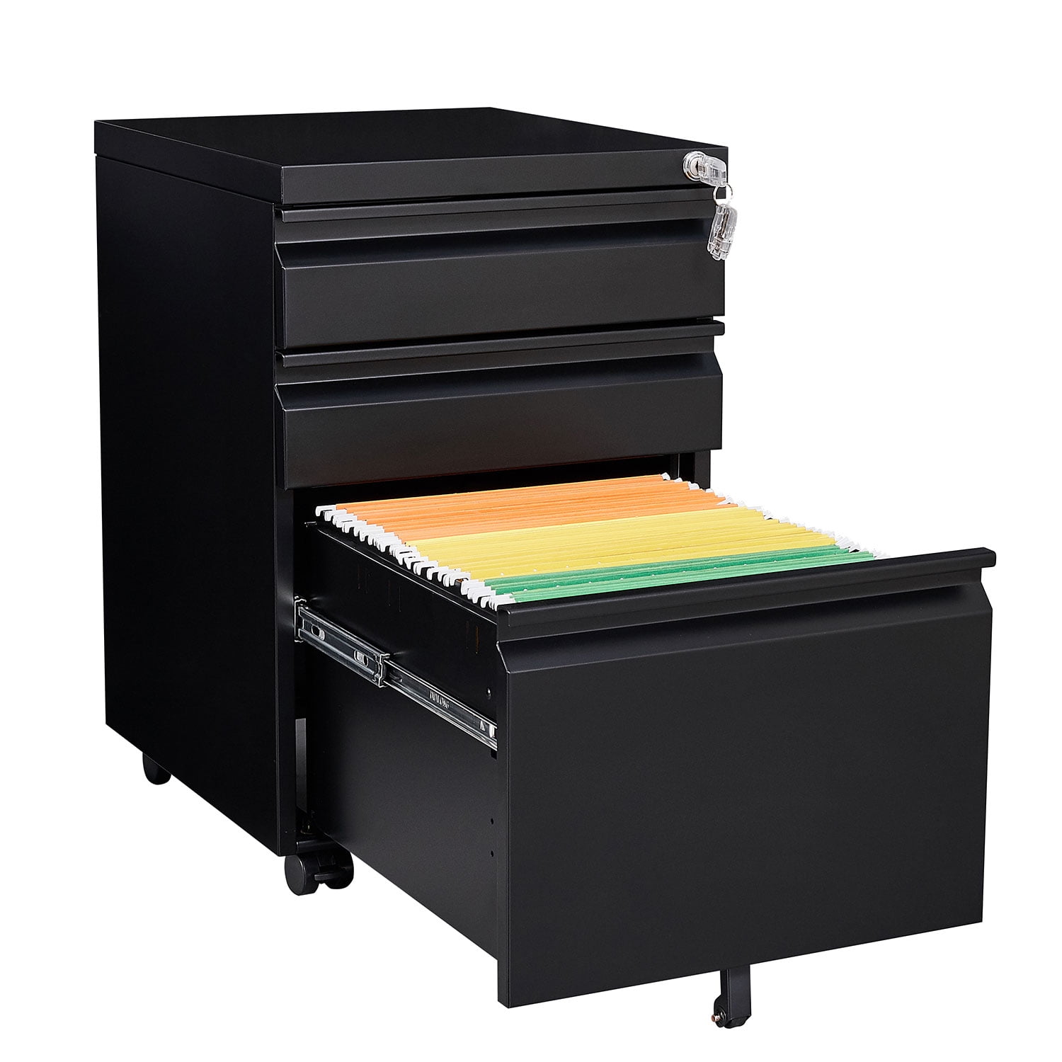 Black Mobile 3-Drawer Lockable Metal File Cabinet