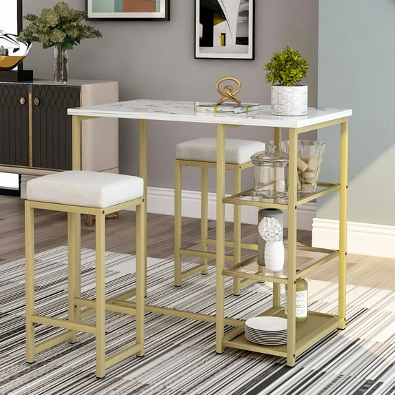 SYNGAR 3 PCS Dining Table Set, Home Kitchen Table with Open Shelves and 2 Cushioned Stools Set, Counter Height Bar Table and Stools Set, Modern Pub Set with Faux Marble Countertop, White & Gold, D5687
