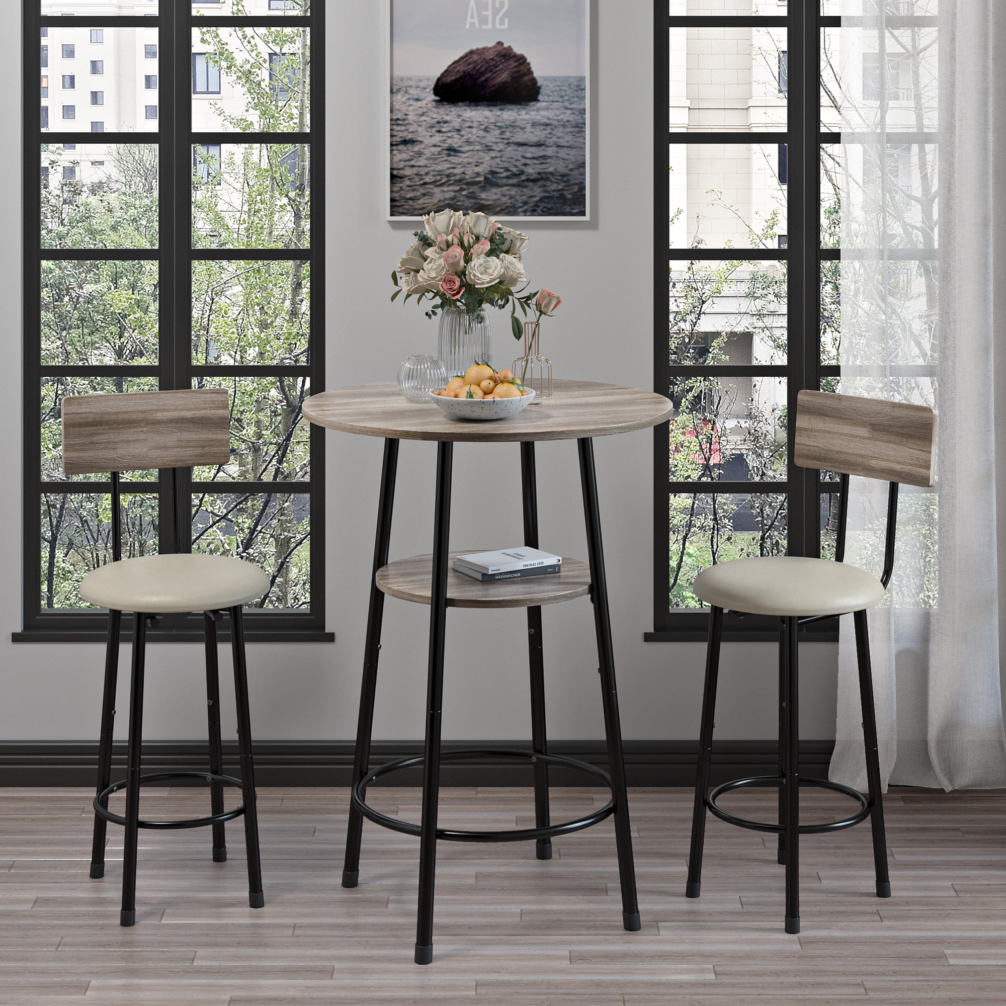 Gray Round Pub Table Set with 2 Cushioned Stools