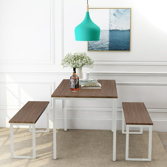 SYNGAR 3 Piece Dining Table Set, Modern Kitchen Table and Bench for 6, MDF Board Table Top and Metal Frame Kitchen Furniture Set, Breakfast Nook Table with 2 Benches for Home Apartment Office, B1363
