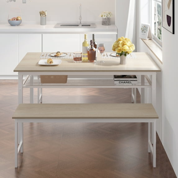 SYNGAR 3 Piece Kitchen Table Set, Modern Dining Set with 2 Benches, Home Dining Table Set for 4, Breakfast Table and Chairs Set, for Small Space, Kitchen, Dining Room, Restaurant, Oak, D8404