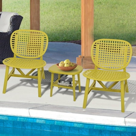 Syngar 3 Piece Patio Bistro Sets, Outdoor Chairs Set with Widened Seat, All-Weather Bistro Set, Backyard Conversation Chairs Set with 2 Armchairs and Coffee Table with Open Shelf, Yellow