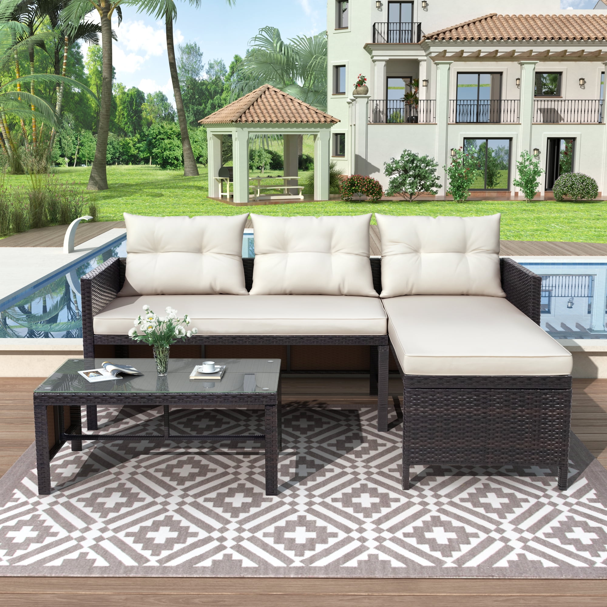 SYNGAR 3 Pieces PE Wicker Furniture Set Patio Conversation