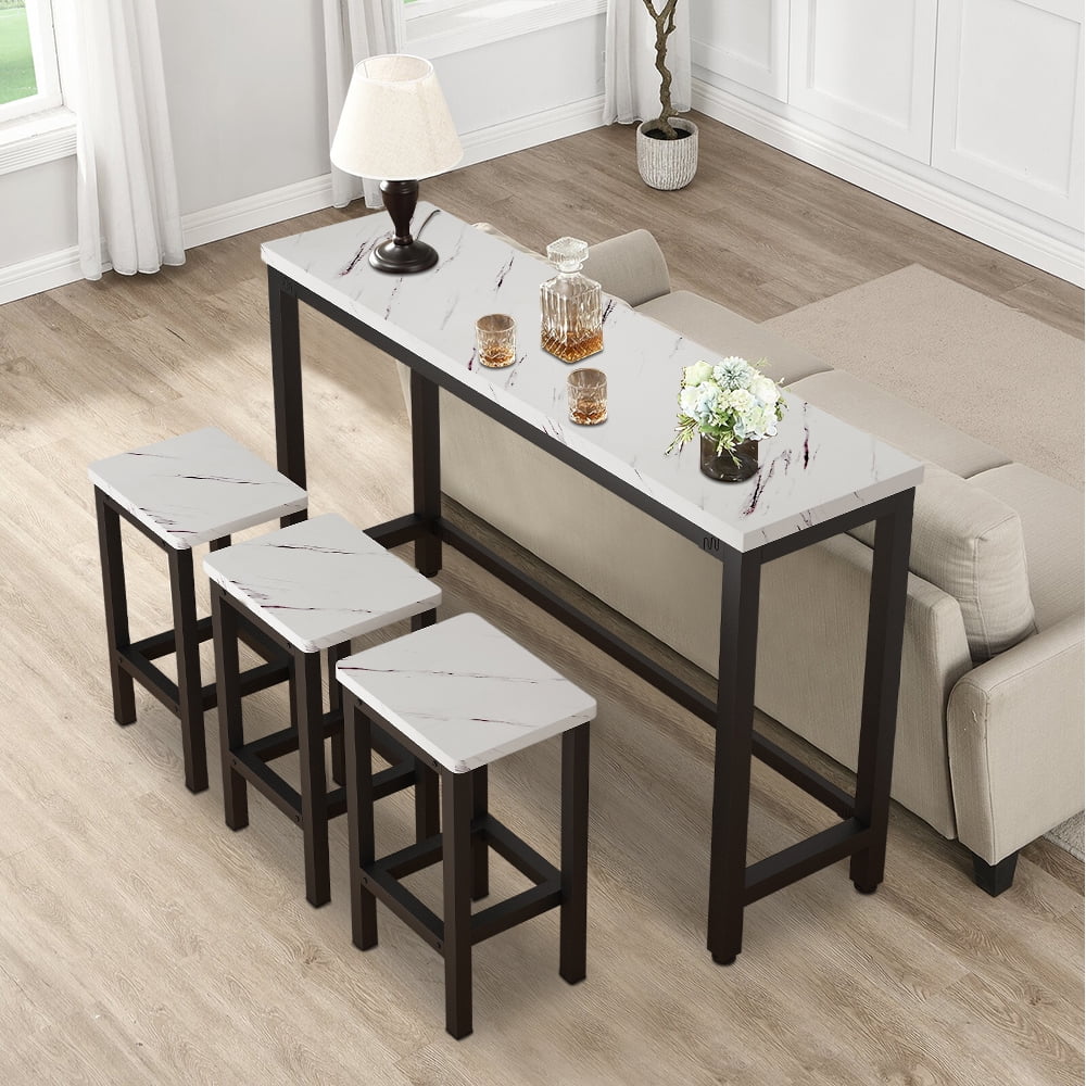 SYNGAR 4 Piece Bar Table Set, Kitchen Counter Height Table with 3 Stools, Space Saving Pub Table Set for 3 Person with Metal Frame, Wood Dining Table & Chair Set for Breakfast Nook Pub Bistro, B948