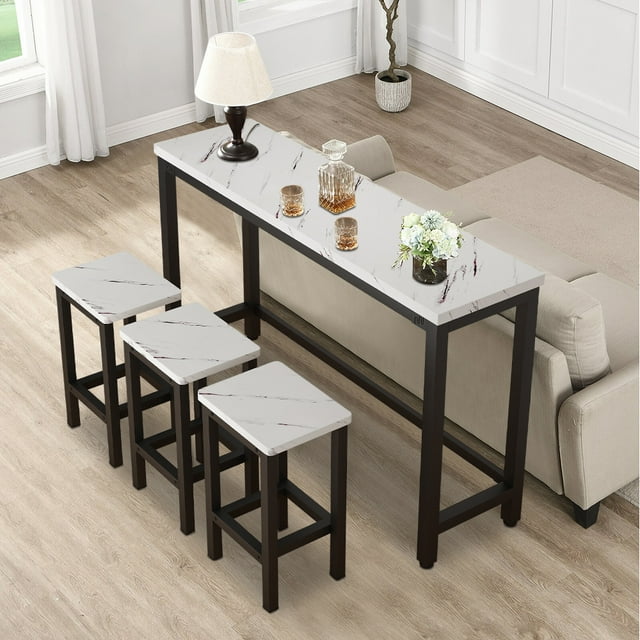 SYNGAR 4 Piece Bar Table Set, Kitchen Counter Height Table with 3 Stools, Space Saving Pub Table Set for 3 Person with Metal Frame, Wood Dining Table & Chair Set for Breakfast Nook Pub Bistro, B948