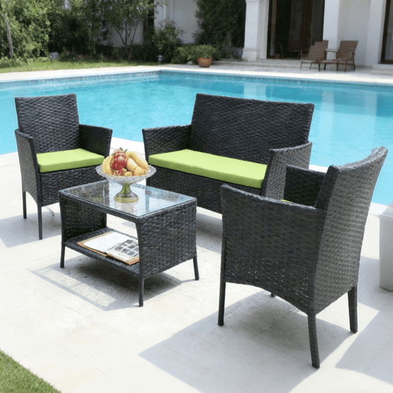 SYNGAR 4 Piece Patio Furniture Set, Outdoor Wicker Furniture with Coffee Table & Cushioned,Patio All-Weather Conversation Set,Modern Outdoor Seating for Poolside, Backyard, Balcony, Green