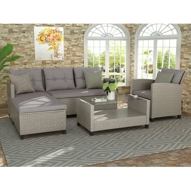 SYNGAR 4 Pieces Outdoor Sectional Sofa Set, Patio Wicker Conversation Set with Glass Coffee Table, Cushioned PE Rattan Furniture Set, for Backyard, Poolside, Garden, Deck, Beige Brown, D6084