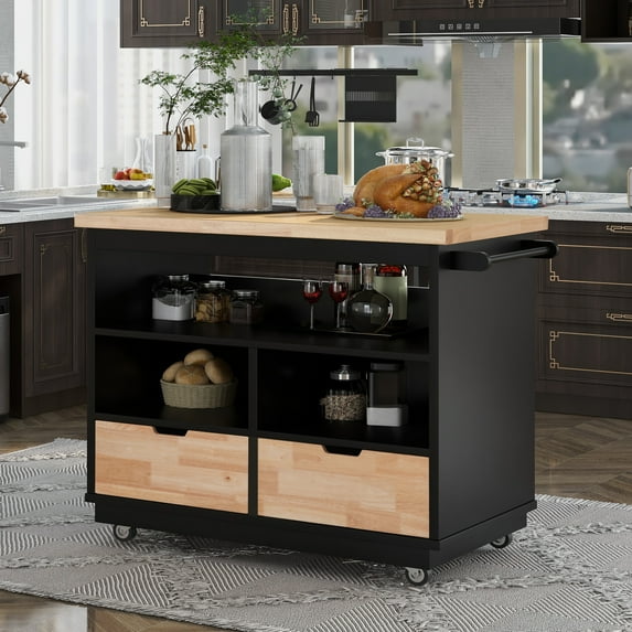 SYNGAR 46" Modern Kitchen Island Cart on Wheels with Storage Drawers, Rolling Utility Cart with Solid Wood Top, Shelves, Towel Rack, Rolling Trolley Cart Utility Cabinet with Large Storage, Black
