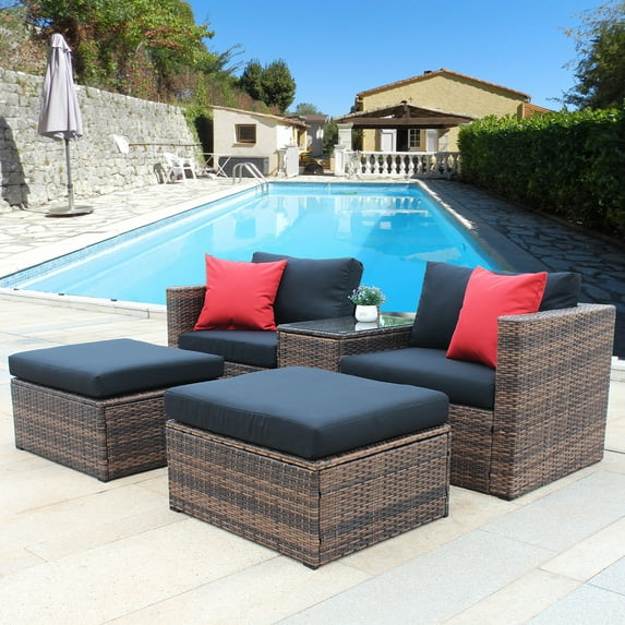 SYNGAR 5 PCS PE Rattan Sofa Set, Patio Conversation Furniture Set with Ottoman, Glass Table and Cushioned Chair, Outdoor Wicker Sectional Furniture Set for Balcony, Living Room, Poolside, Brown, D1056