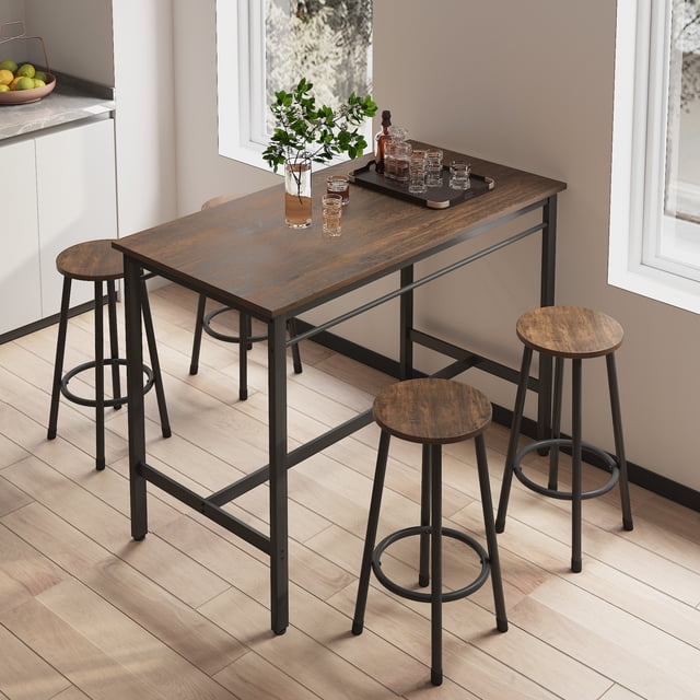 SYNGAR 5 Piece Bar Table Set, Kitchen Counter Height Table with 4 Stools, Space Saving Pub Table Set for 4 Person with Metal Frame, Wood Dining Table & Chair Set for Breakfast Nook Pub Bistro, B960