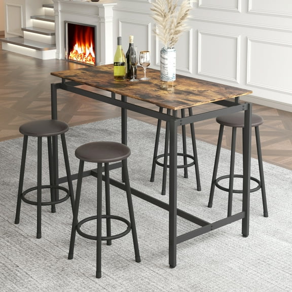 SYNGAR 5 Piece Bar Table Set, Kitchen Counter Height Table with 4 Stools, Space Saving Pub Table Set for 4 Person with Metal Frame, Wood Dining Table & Chair Set for Breakfast Nook Pub Bistro, B1419