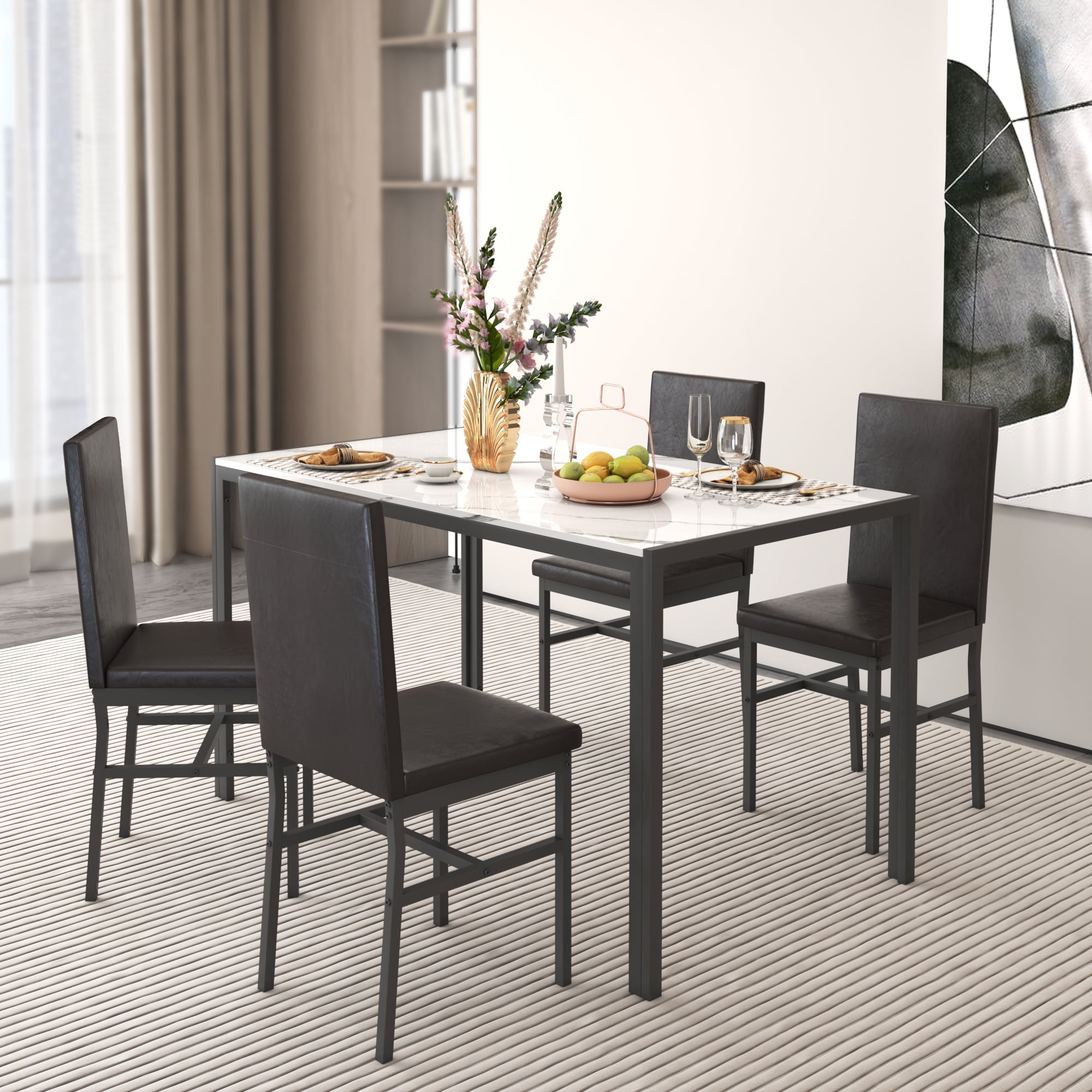 Modern Black Metal Dining Set with Faux Marble Tabletop and PU Leather Chairs