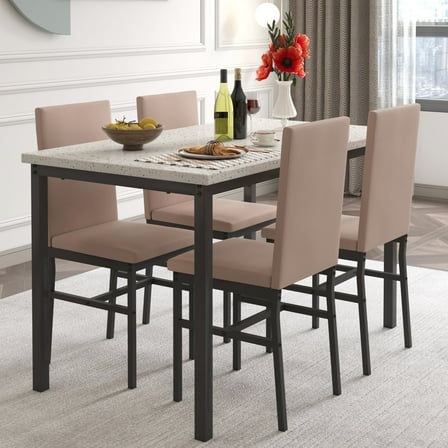 SYNGAR 5 Piece Dining Set, Modern Dining Table and Chairs Set for 4, Kitchen Dining Table Set with Faux Marble Tabletop & 4 Upholstered Chairs, for Small Space, Breakfast Nook, D9224