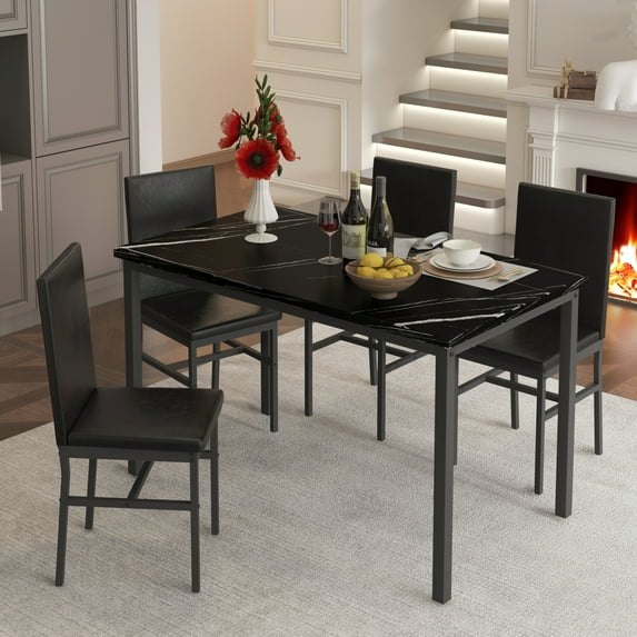 SYNGAR 5 Piece Dining Table Set, Kitchen Dining Table and Chairs Set for 4, Modern Marble Table and 4 PU Leather Upholstered Chairs, Home Dining Set for Small Space, Breakfast Nook, D8912