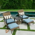 thumbnail image 1 of Outdoor Conversation Furniture Set, 5 Piece Patio PE Rattan Sofa Set with Ottoman, Coffee Table & Cushioned Chair, Backyard Wicker Sectional Furniture Set, for Poolside, Deck, Living Room, Blue, D1059, 1 of 10