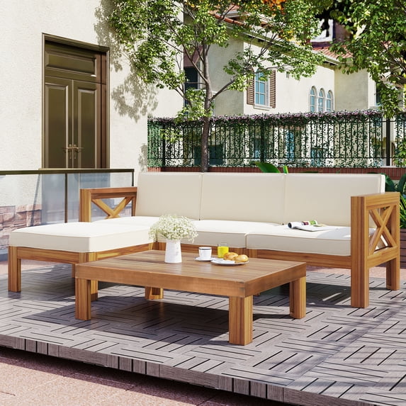 SYNGAR 5 Piece Patio Sofa Set, Outdoor Conversation Sofa Chairs Set with Coffee Table, Wood Sectional Furniture Set with Beige Cushions, for Backyard, Poolside, Balcony, Deck, Garden, D8130