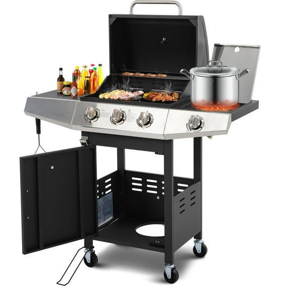 40000 BTU Grills, 3+1 Burners Gas Grill with Side Burner, Steel Brush & Thermometer for Camping, Propane BBQ Grills