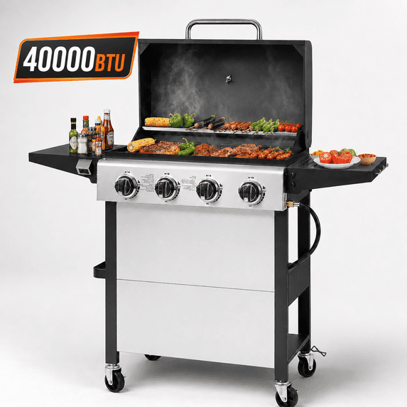 Syngar 4 Burner BBQ Grill, Propane Gas Grill with Foldable Side Table, 42000 BTU Barbecue Grill, Stainless Steel, 432 Sq. In. Grilling Area, Bottle Opener, Hanging Basket, Thermometer, Camping