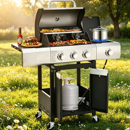 Syngar 40,500 BTU Propane Gas Grill with Side Burner, 3-Burner Outdoor BBQ Grill with 287 sq.in. Main Cooking Area, Stainless Steel Construction, Side Shelf & Lockable Casters