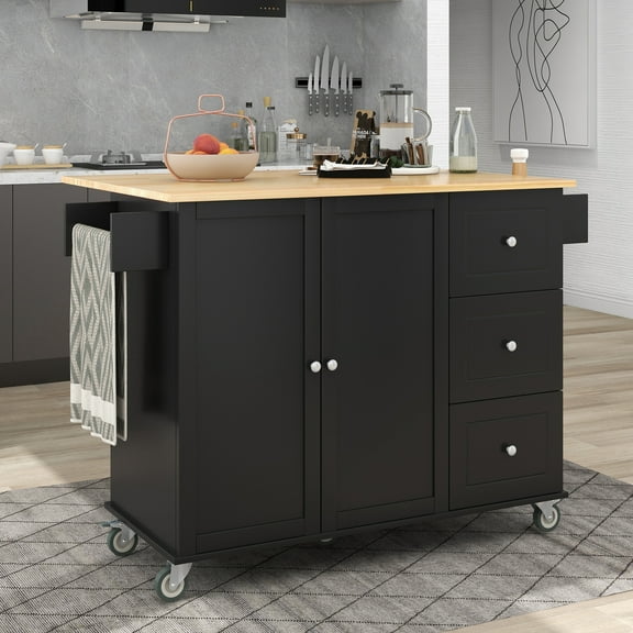 SYNGAR 53" Modern Kitchen Island Cart on Wheels with Storage Drawers, Rolling Mobile Utility Cart with Storage Cabinet, Solid Wood Top, , Towel Rack, Rolling Trolley Cart Utility Cabinet, Black