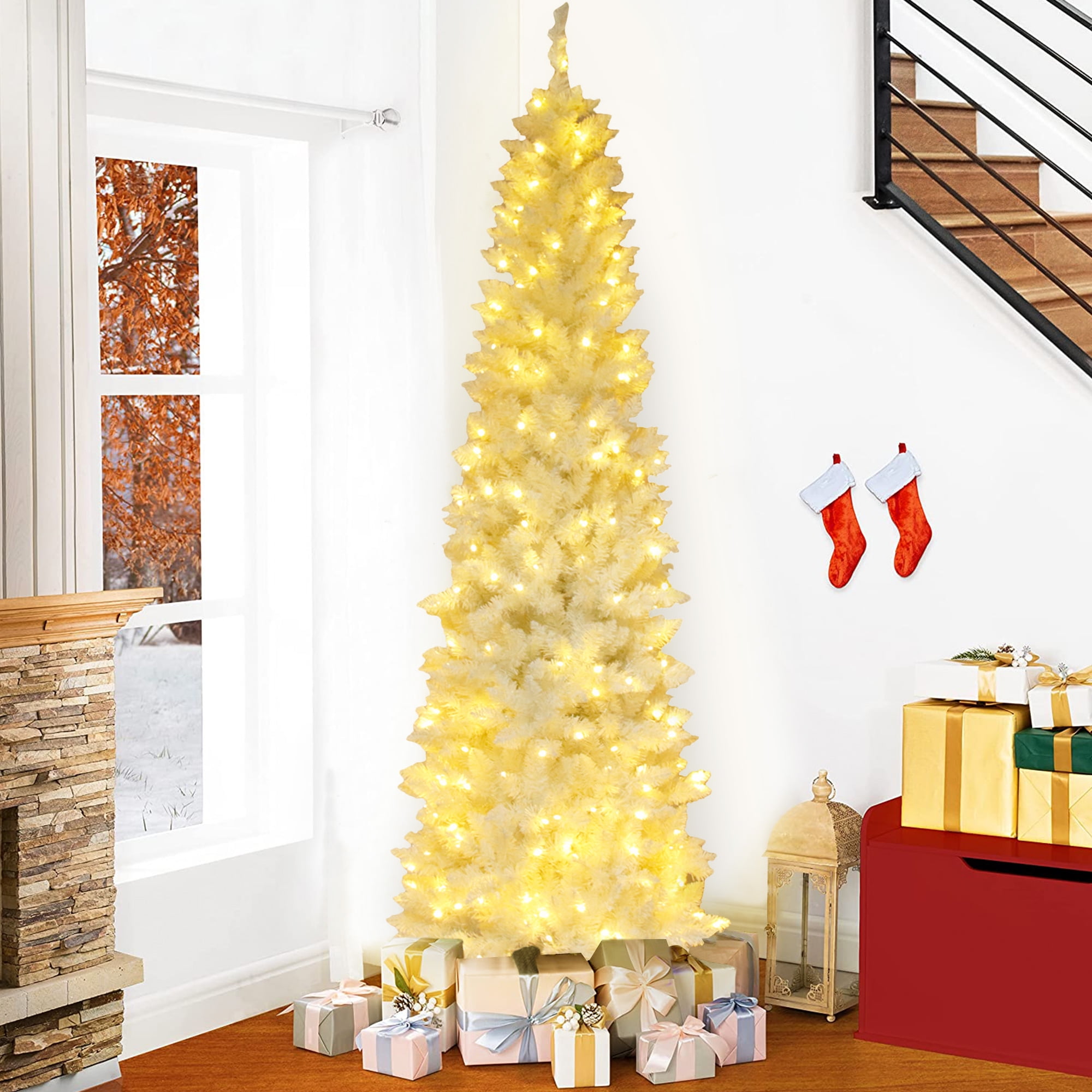 SYNGAR 6.5FT White Christmas Tree Slim, Artificial Prelit Christmas