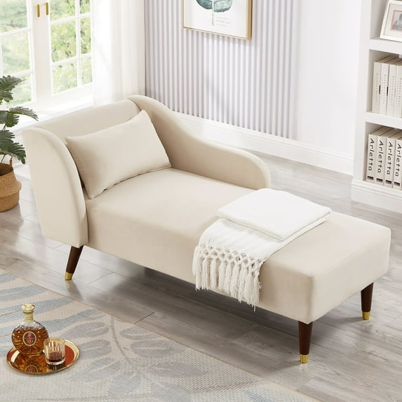 SYNGAR Velvet Chaise Lounge with Rolled Arm, Modern Chaise Lounge Indoor with Pillow and Solid Wood Legs, Chaise Lounge Chair for Living Room Bedroom Family Room Kids & Teen Room, Beige