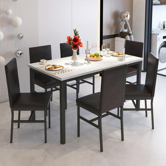 SYNGAR 7 Piece Dining Set, Modern Dining Table and Chairs Set for 6, Kitchen Dining Table Set with Faux Marble Tabletop and 6 Faux Leather Upholstered Chairs, for Small Space, Breakfast Nook, D9212