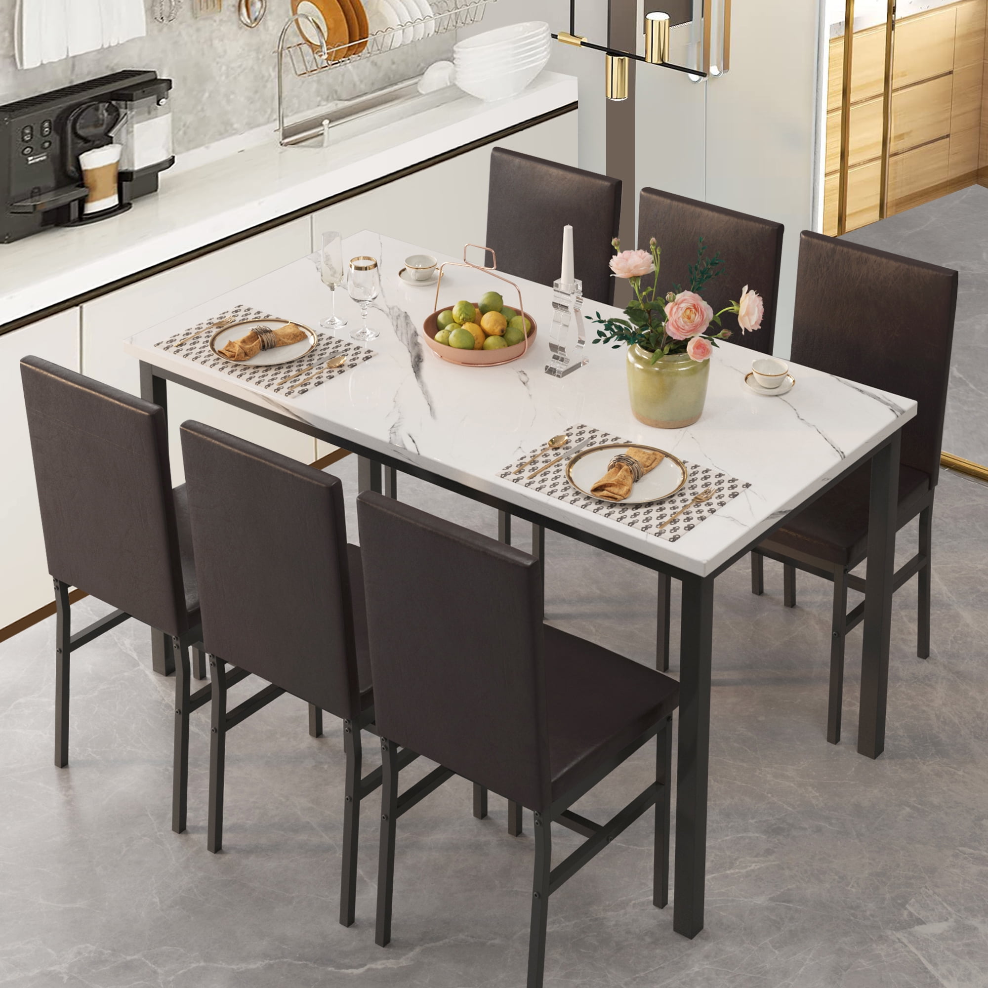 SYNGAR 7 Piece Dining Set Modern Dining Table and Chairs Set for 6 Kitchen Dining Table Set with Faux Marble Tabletop and 4 PU Leather Upholstered