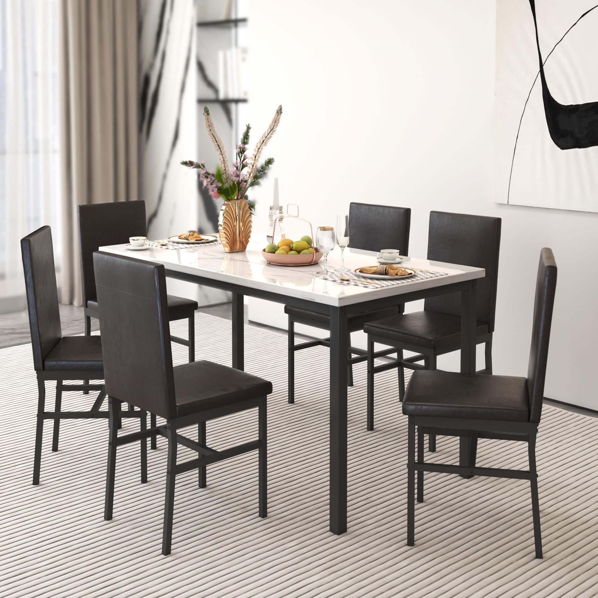 SYNGAR 7 Piece Dining Set, Modern Dining Table and Chairs Set for 6, Kitchen Dining Table Set with Faux Marble Tabletop and 6 Faux Leather Upholstered Chairs, for Small Space, Breakfast Nook, D9212